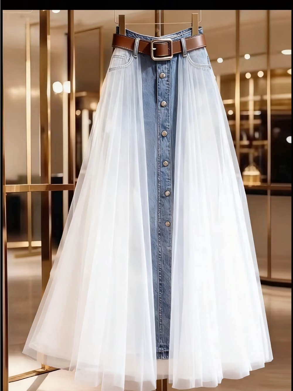 Pleated Tulle Overlay Denim Button-Front Maxi Skirt - White & Light Blue